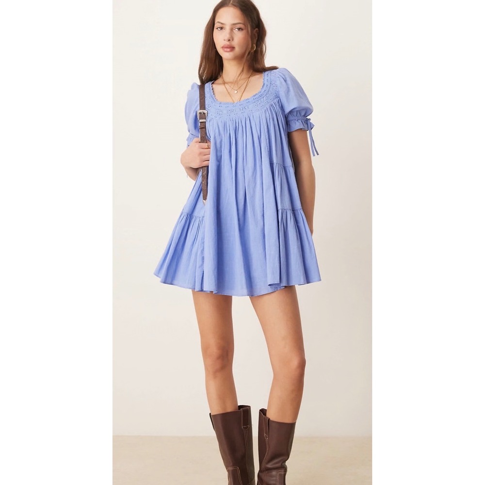 Free People Sandy Shores Mini Dress Blue Eyelet Smocked Tiered Babydoll  L - Picture 1 of 11